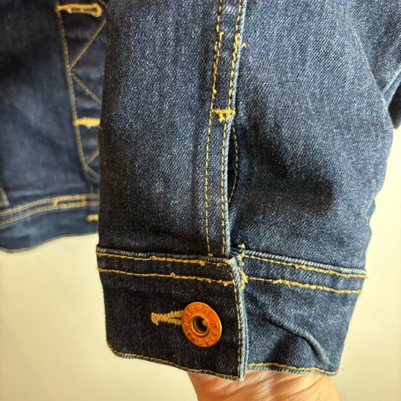 PARASUCO Sz L Jean Jacket Cropped Brass Toned Buttons Classic Cut Medium Wash - Picture 4 of 6